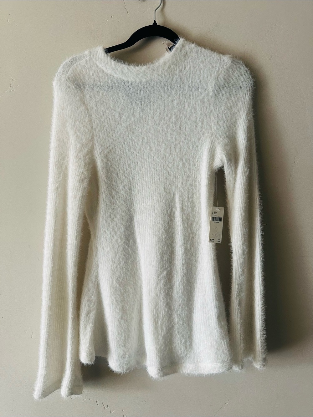 Anthropologie Cream Fuzzy Long-Sleeve Crew Sweater